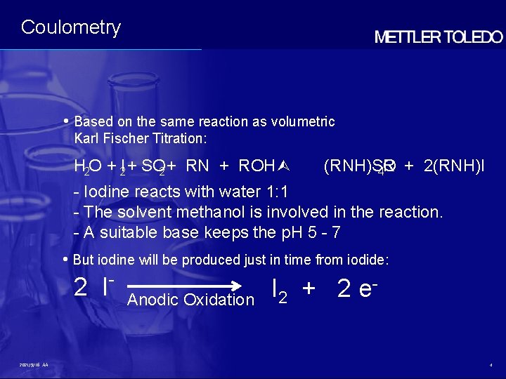 Coulometry • Based on the same reaction as volumetric Karl Fischer Titration: H 2