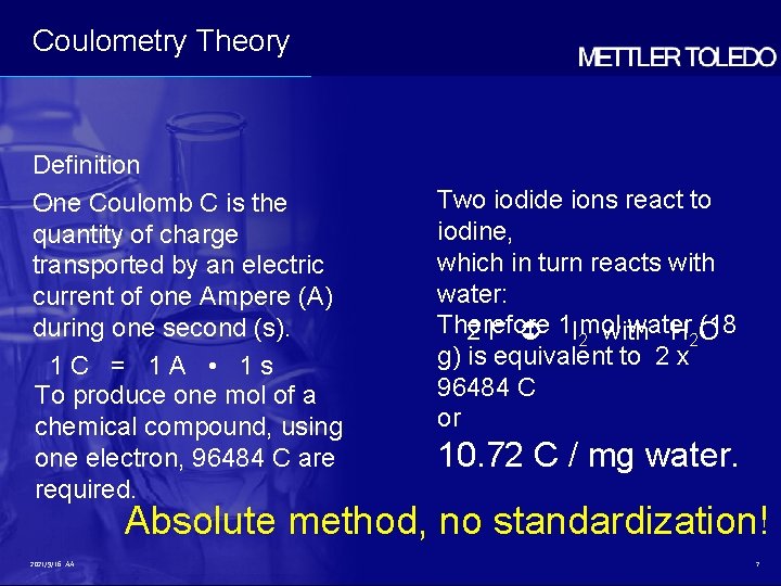 Coulometry Theory Definition One Coulomb C is the quantity of charge transported by an