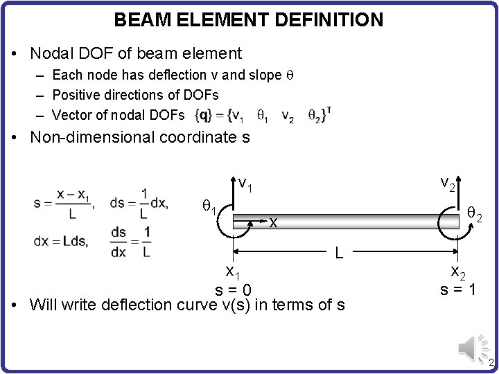 BEAM ELEMENT DEFINITION • Nodal DOF of beam element – Each node has deflection
