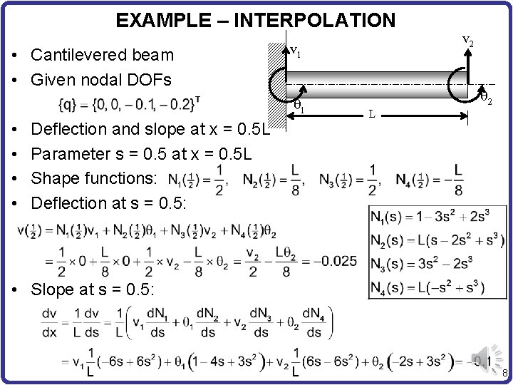 EXAMPLE – INTERPOLATION • Cantilevered beam • Given nodal DOFs v 1 q 1