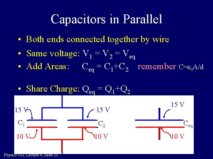 Capacitors in Parallel • Both ends connected together by wire • Same voltage: V