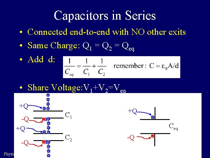 Capacitors in Series • Connected end-to-end with NO other exits • Same Charge: Q