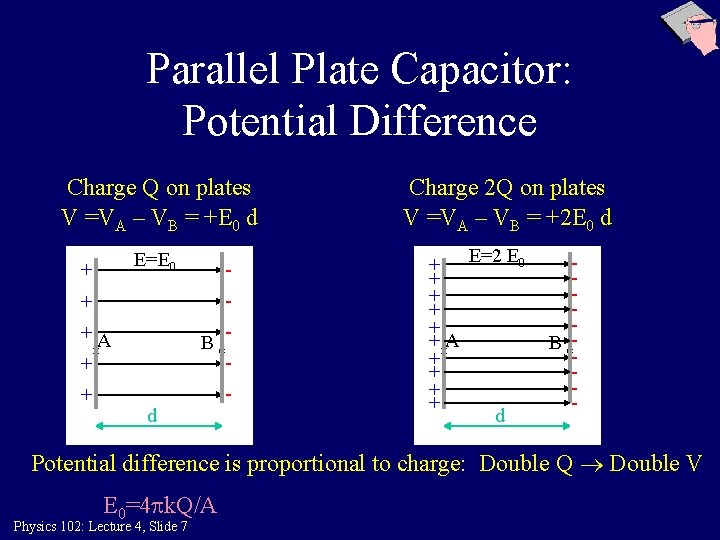 Parallel Plate Capacitor: Potential Difference Charge Q on plates V =VA – VB =