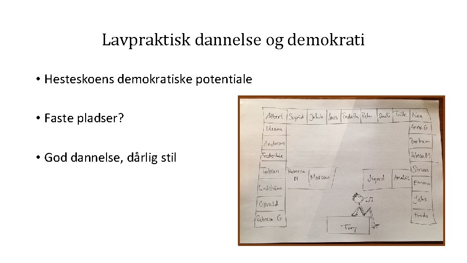 Lavpraktisk dannelse og demokrati • Hesteskoens demokratiske potentiale • Faste pladser? • God dannelse,