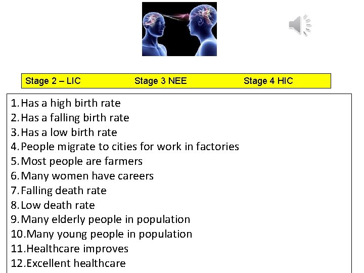 Stage 2 – LIC Stage 3 NEE 1. Has a high birth rate 2.