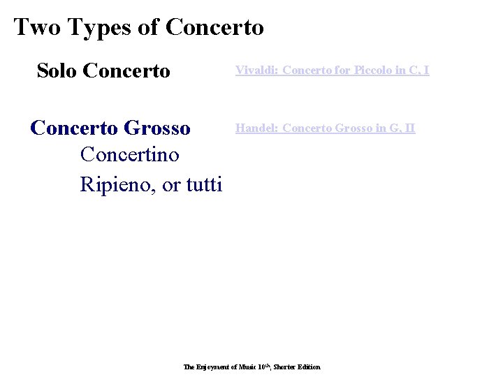 Two Types of Concerto Solo Concerto Vivaldi: Concerto for Piccolo in C, I Concerto