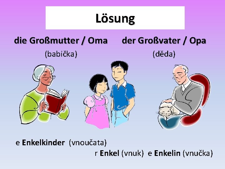 Lösung die Großmutter / Oma der Großvater / Opa (babička) (děda) e Enkelkinder (vnoučata)