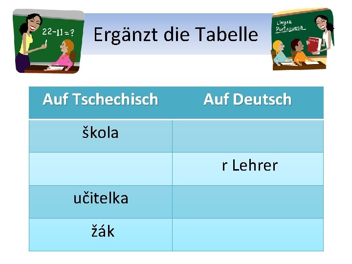 Ergänzt die Tabelle Auf Tschechisch Auf Deutsch škola r Lehrer učitelka žák 