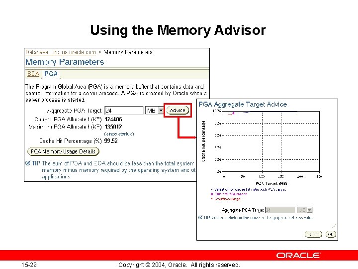 Using the Memory Advisor 15 -29 Copyright © 2004, Oracle. All rights reserved. 