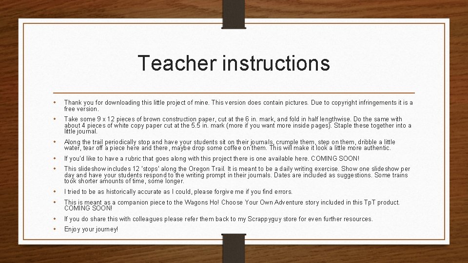 Teacher instructions • Thank you for downloading this little project of mine. This version