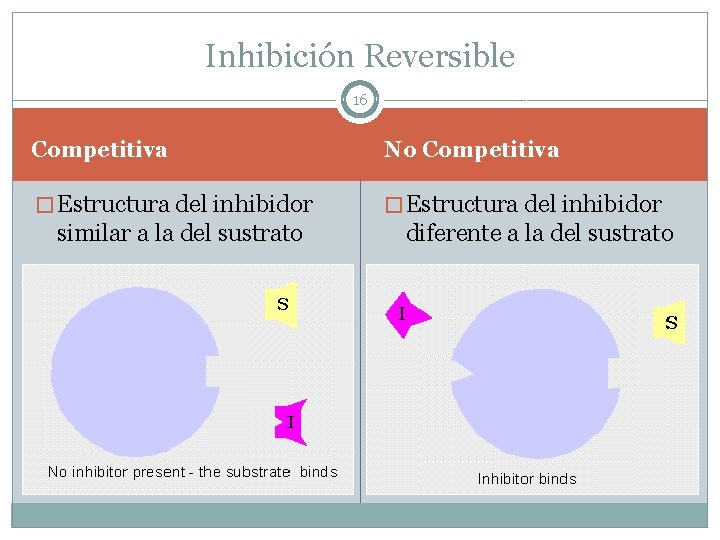 Inhibición Reversible 16 Competitiva No Competitiva � Estructura del inhibidor similar a la del