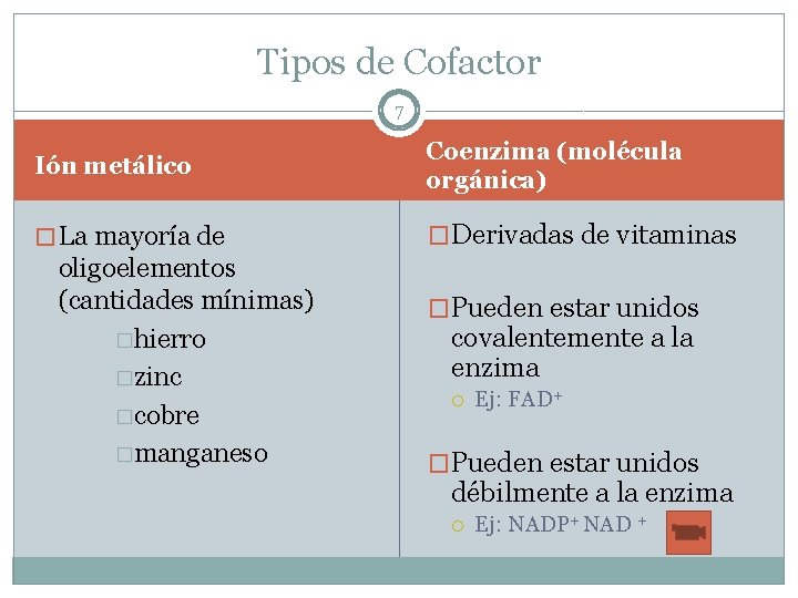 Tipos de Cofactor 7 Ión metálico Coenzima (molécula orgánica) � La mayoría de �Derivadas