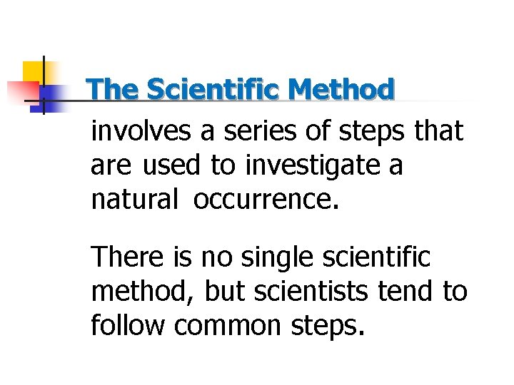 n The Scientific Method involves a series of steps that are used to investigate