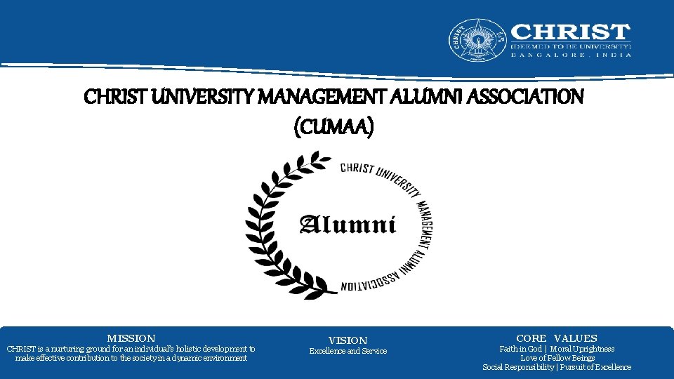 CHRIST UNIVERSITY MANAGEMENT ALUMNI ASSOCIATION (CUMAA) MISSION CHRIST is a nurturing ground for an