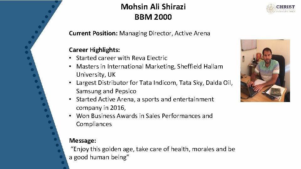 Mohsin Ali Shirazi BBM 2000 Current Position: Managing Director, Active Arena Career Highlights: •