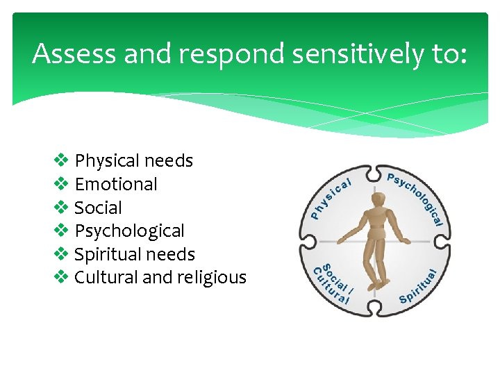 Assess and respond sensitively to: v Physical needs v Emotional v Social v Psychological
