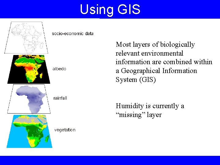 Using GIS Most layers of biologically relevant environmental information are combined within a Geographical