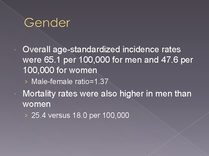  Overall age-standardized incidence rates were 65. 1 per 100, 000 for men and