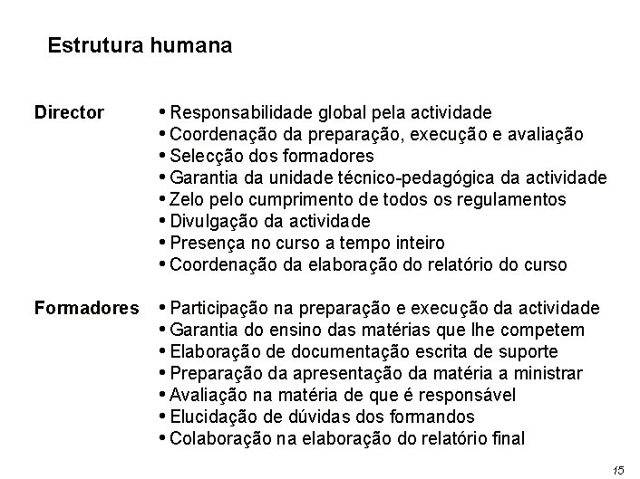 Estrutura humana Director • Responsabilidade global pela actividade • Coordenação da preparação, execução e