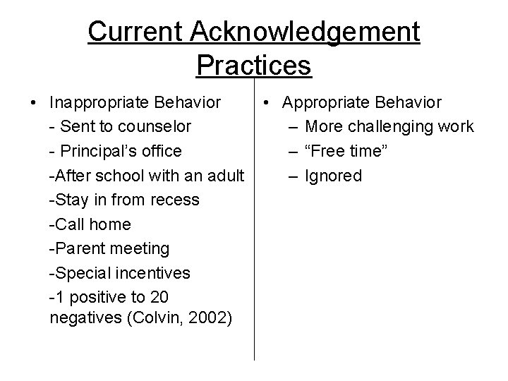 Current Acknowledgement Practices • Inappropriate Behavior - Sent to counselor - Principal’s office -After
