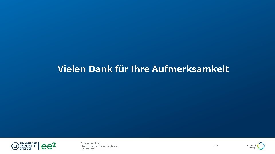 Vielen Dank für Ihre Aufmerksamkeit Presentation Title Chair of Energy Economics / Name Event