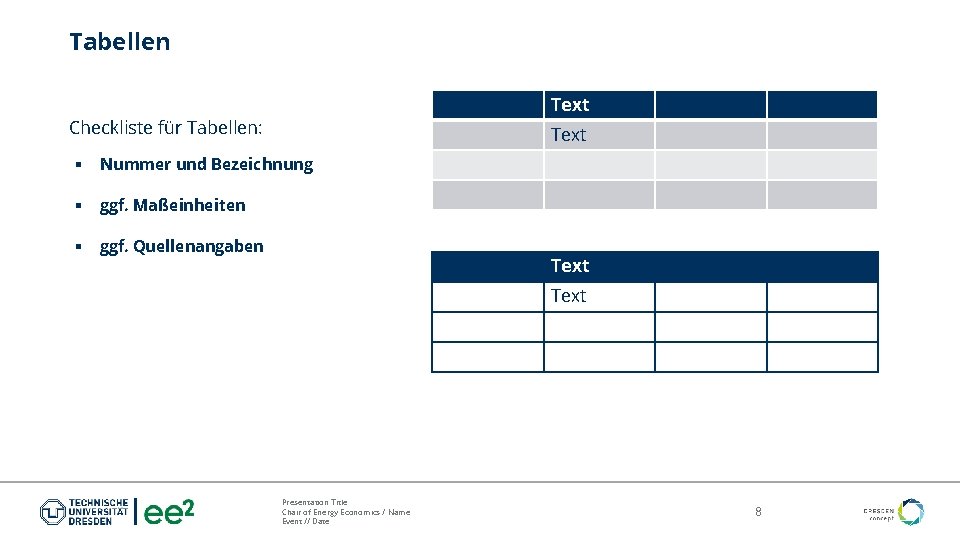 Tabellen Text Checkliste für Tabellen: Text § Nummer und Bezeichnung § ggf. Maßeinheiten §