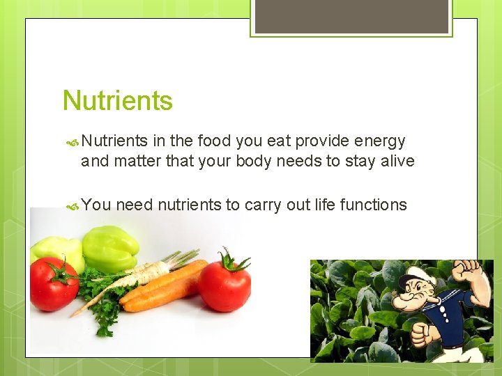 Nutrients in the food you eat provide energy and matter that your body needs