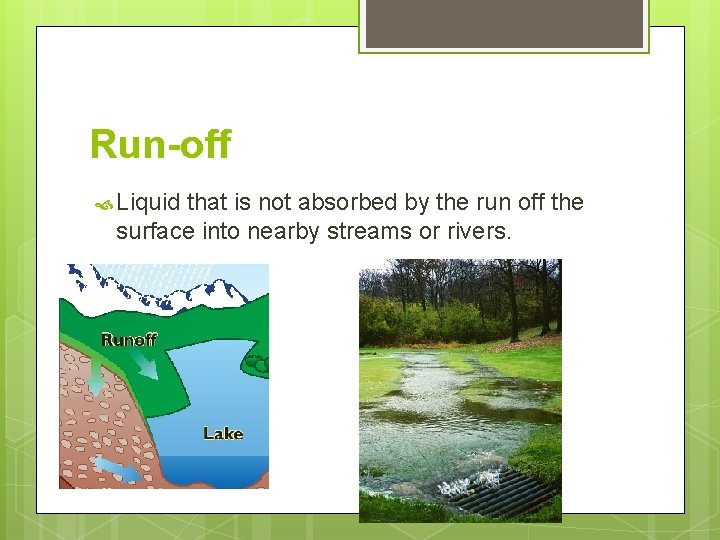 Run-off Liquid that is not absorbed by the run off the surface into nearby