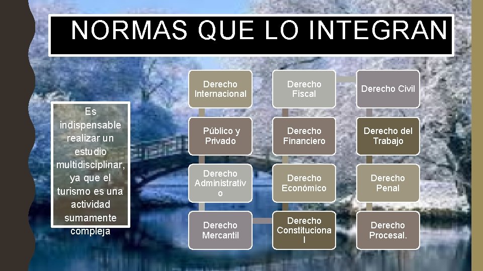 NORMAS QUE LO INTEGRAN Es indispensable realizar un estudio multidisciplinar, ya que el turismo