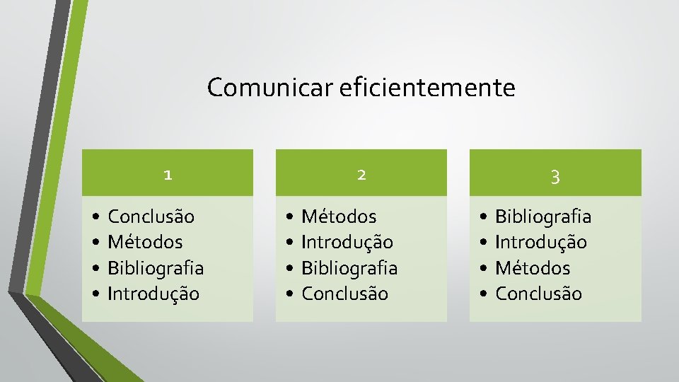 Comunicar eficientemente 1 • • Conclusão Métodos Bibliografia Introdução 2 • • Métodos Introdução