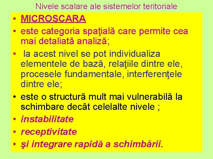 Nivele scalare ale sistemelor teritoriale • MICROSCARA • este categoria spaţială care permite cea