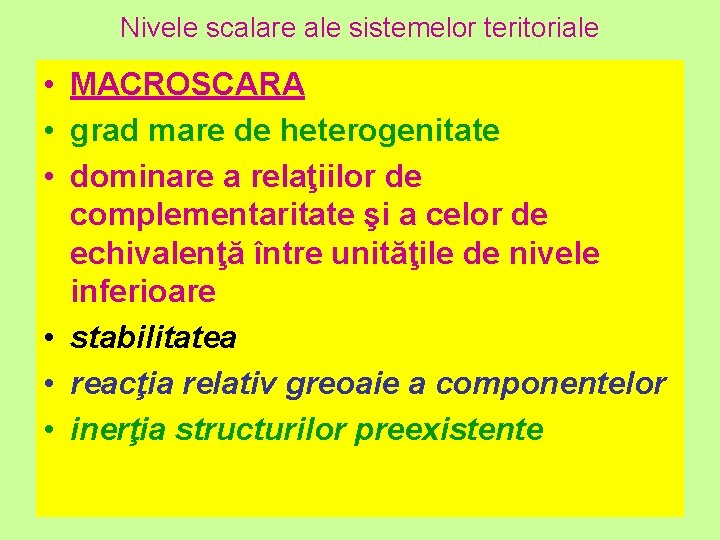 Nivele scalare ale sistemelor teritoriale • MACROSCARA • grad mare de heterogenitate • dominare