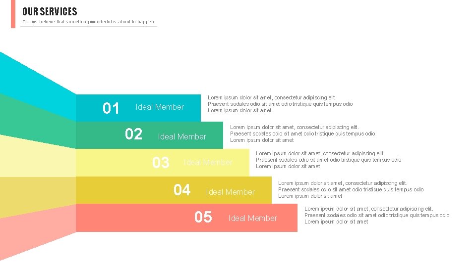 OUR SERVICES Always believe that something wonderful is about to happen. 01 Lorem ipsum