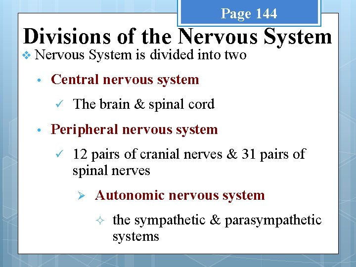 Page 144 Divisions of the Nervous System v Nervous • Central nervous system ü
