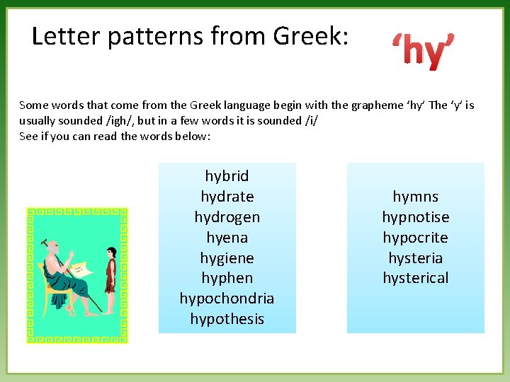 Letter patterns from Greek: ‘hy’ Some words that come from the Greek language begin