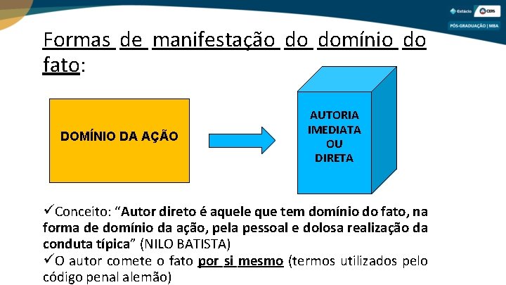 Formas de manifestação do domínio do fato: DOMÍNIO DA AÇÃO AUTORIA IMEDIATA OU DIRETA