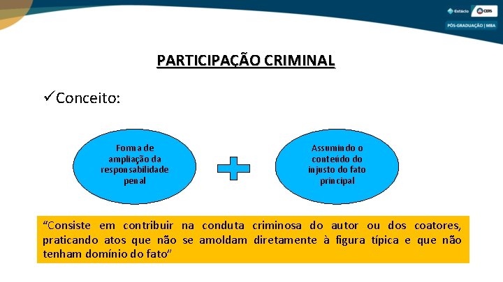 PARTICIPAÇÃO CRIMINAL Conceito: Forma de ampliação da responsabilidade penal Assumindo o conteúdo do injusto