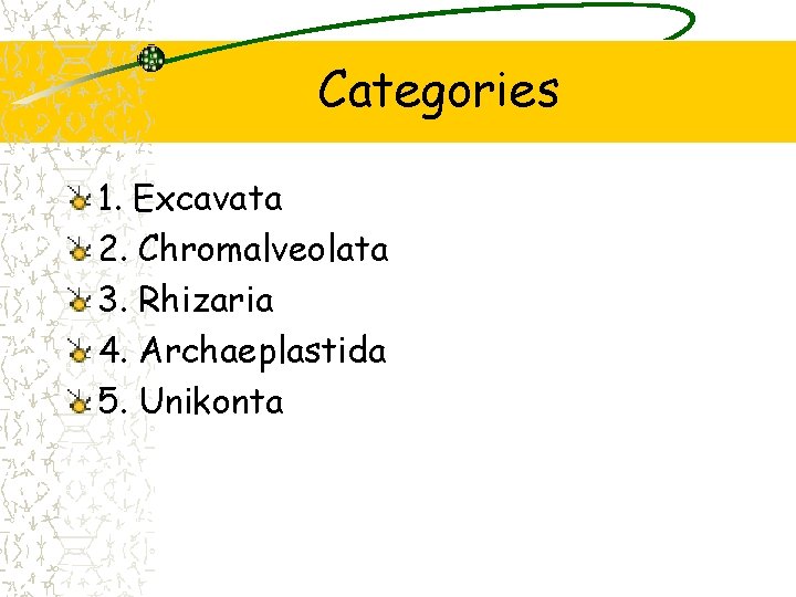 Categories 1. Excavata 2. Chromalveolata 3. Rhizaria 4. Archaeplastida 5. Unikonta 