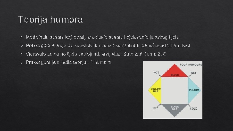 Teorija humora Medicinski sustav koji detaljno opisuje sastav i djelovanje ljudskog tijela Praksagora vjeruje