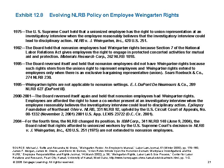 Exhibit 12. 8 Evolving NLRB Policy on Employee Weingarten Rights 1975—The U. S. Supreme