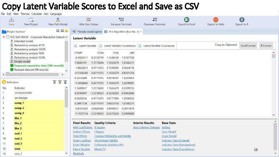 Copy Latent Variable Scores to Excel and Save as CSV 15 