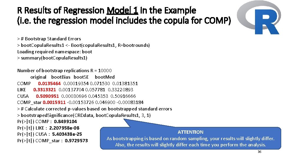 R Results of Regression Model 1 in the Example (i. e. the regression model