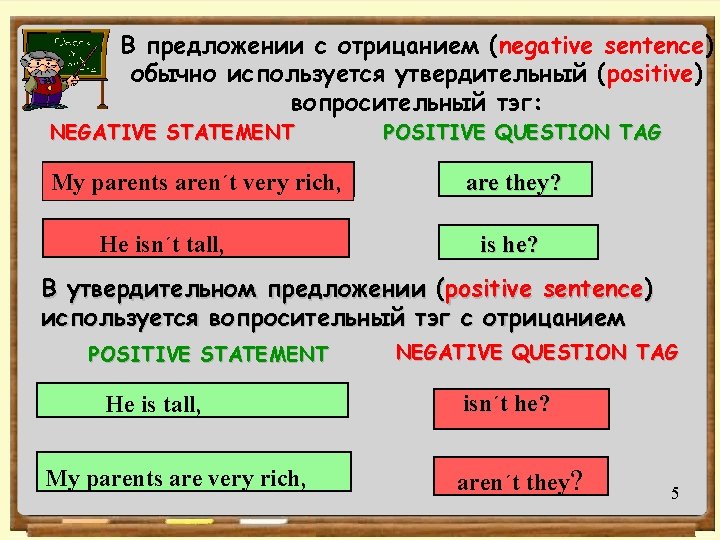 : В предложении с отрицанием (negative sentence) обычно используется утвердительный (positive) вопросительный тэг: NEGATIVE