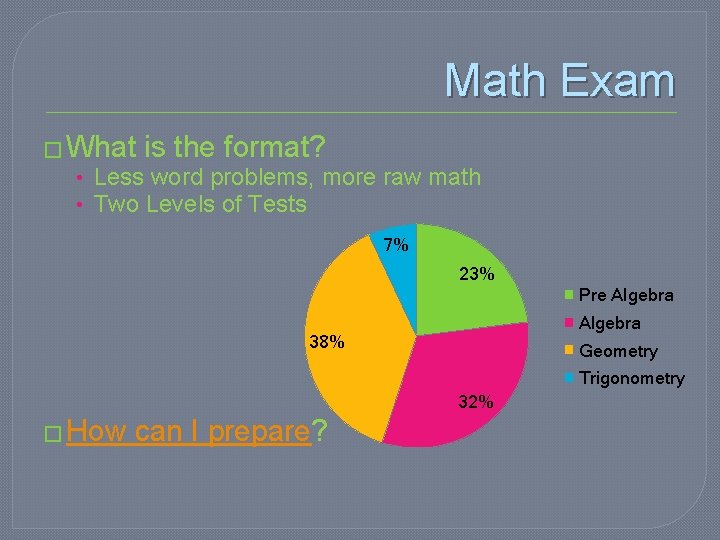 Math Exam � What is the format? • Less word problems, more raw math