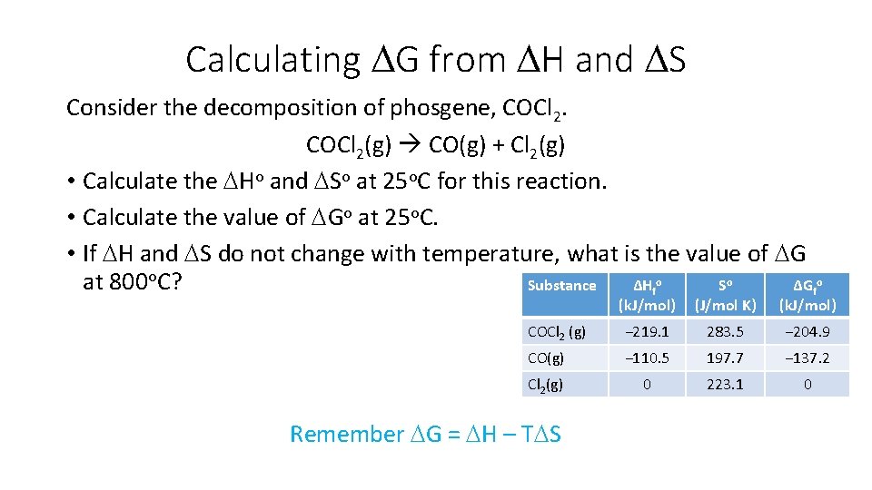 Calculating DG from DH and DS Consider the decomposition of phosgene, COCl 2(g) CO(g)