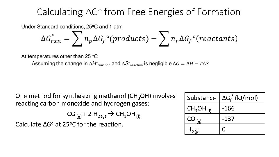 Calculating DGo from Free Energies of Formation One method for synthesizing methanol (CH 3