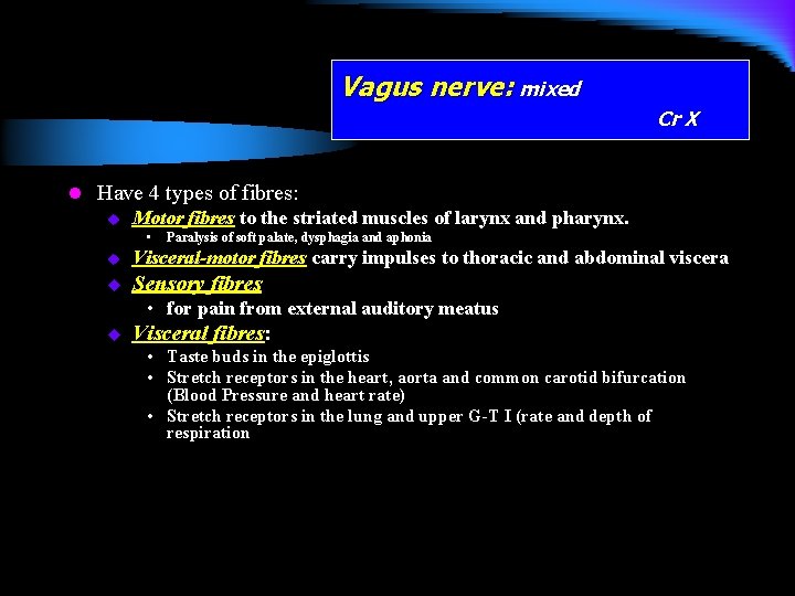 Vagus nerve: mixed Cr X l Have 4 types of fibres: u Motor fibres