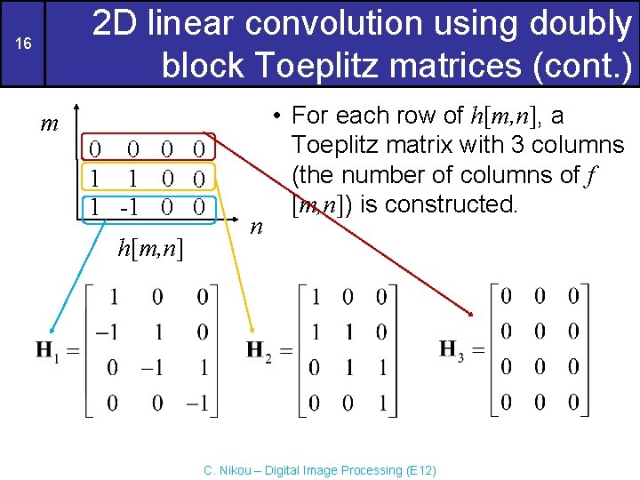 2 D linear convolution using doubly block Toeplitz matrices (cont. ) 16 m 0 2 D linear convolution using doubly block Toeplitz matrices (cont. ) 16 m 0