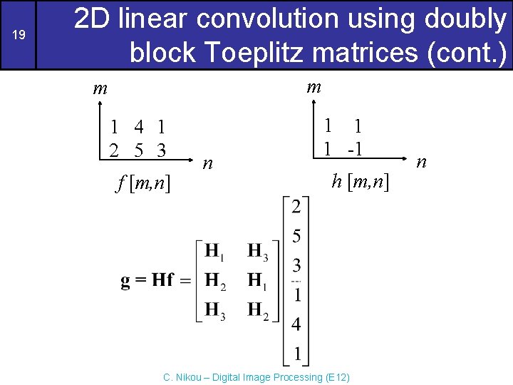 19 2 D linear convolution using doubly block Toeplitz matrices (cont. ) m m 19 2 D linear convolution using doubly block Toeplitz matrices (cont. ) m m