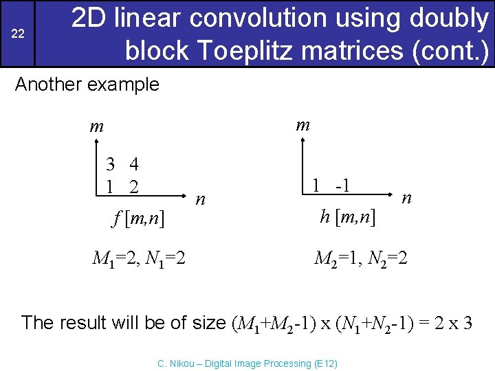 22 2 D linear convolution using doubly block Toeplitz matrices (cont. ) Another example 22 2 D linear convolution using doubly block Toeplitz matrices (cont. ) Another example